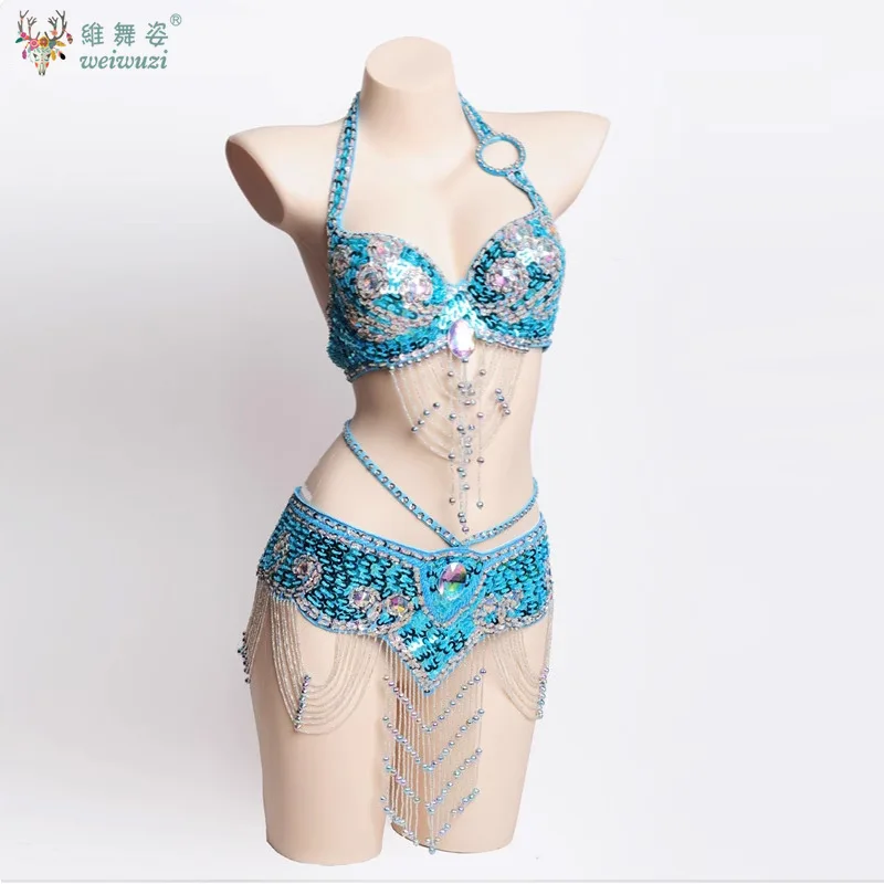 

Hot Design Handmade Beaded Belly Dance Costume Bra +Belt 2 Piece Set 8 Color Suit For Womens Sexy Carnival Dancing Party Wear