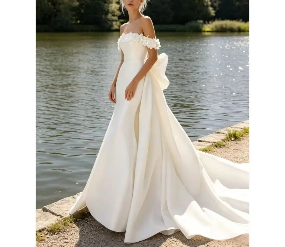 Customized Off Shoulder Satin Mermaid Wedding Dress with Boat Neck and Large Bow Detachable Trailing Elegant Wedding Dress 2026