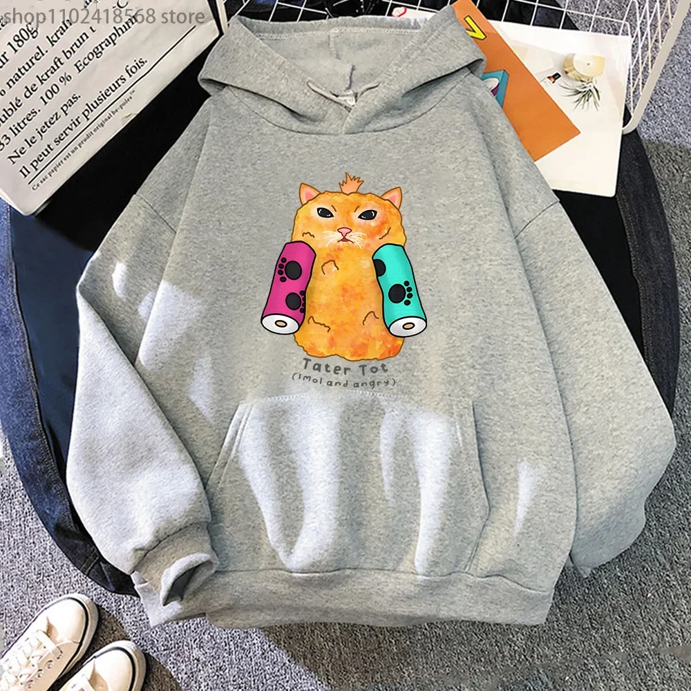 Tater Tot Cat Hoodie Smol and Angry Sweatshirt Women Kawaii Clothes Autumn Winter Casual Y2k Sudaderas Men Long Sleeve Pullover