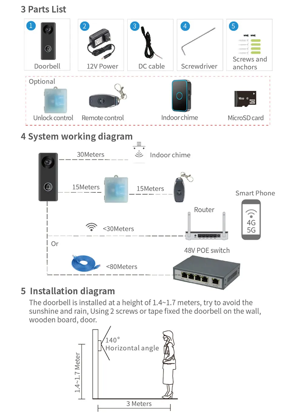 Timbre de puerta inteligente con cámara de seguridad inalámbrica, videoportero IP POE de 1080P, WIFI, aplicación Tuya