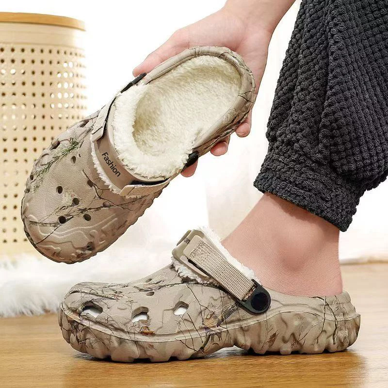 SHAJI Winter Garden Clogs Men Warm Slippers Plush Fur Sandals Slides Couples Concise Home Cotton Shoes Outdoor Fluffy Slides