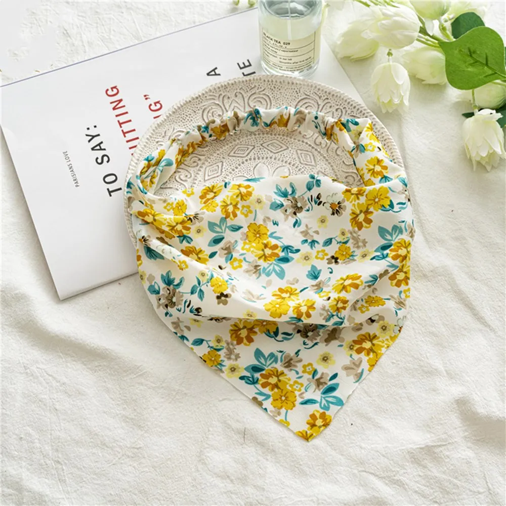 Summer Floral Printting Hair Scarf Scrunchies Vintage Triangle Bandanas Headband Elastic Hair Bands Turban Women Hair Accessory