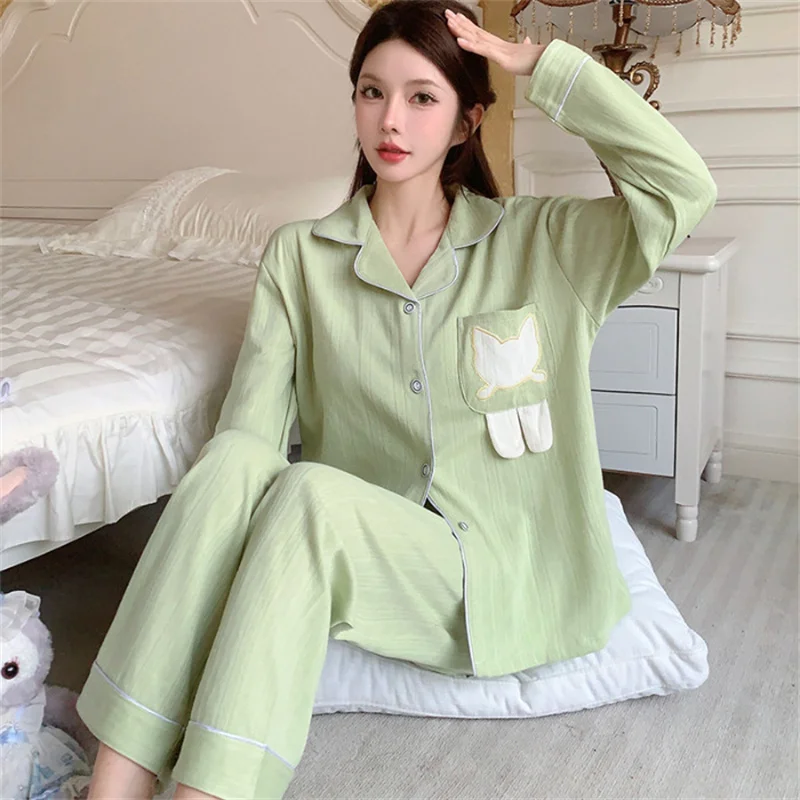 Lapel Collar Pajama Sets For Women Long Sleeve Cotton Pyjamas Femme Autumn Winter Sleepwear 2PCS Nightwear Home Clothing New