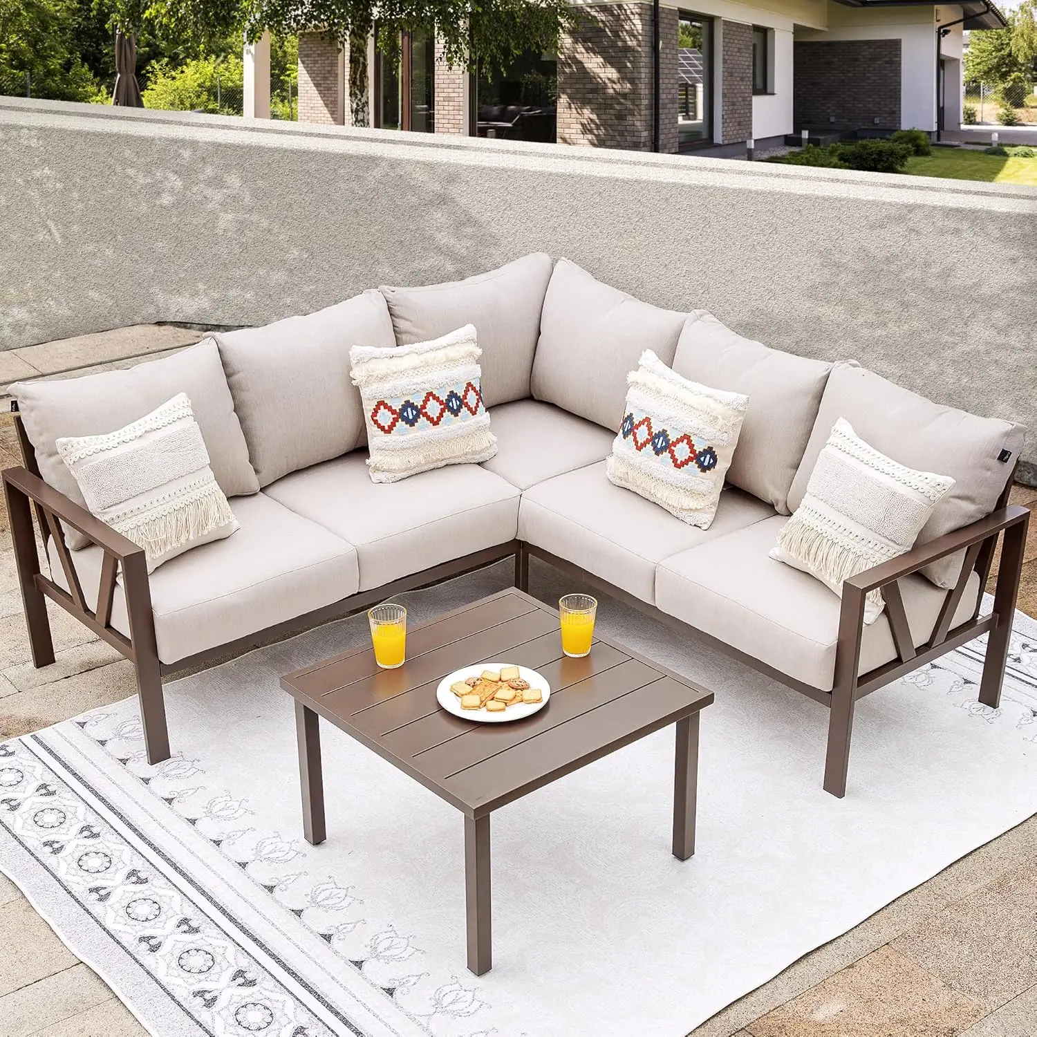 

Terrace Furniture Set, 6-piece Outdoor, L-shaped Terrace Sofa, Metal with Side Table, Outdoor Seating Dialogue Set, Beige