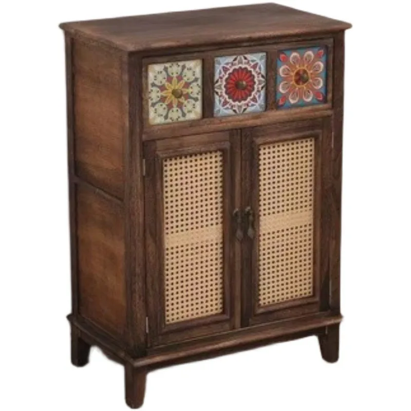 Retro side cabinet, entrance  cabinet rattan bucket cabinet