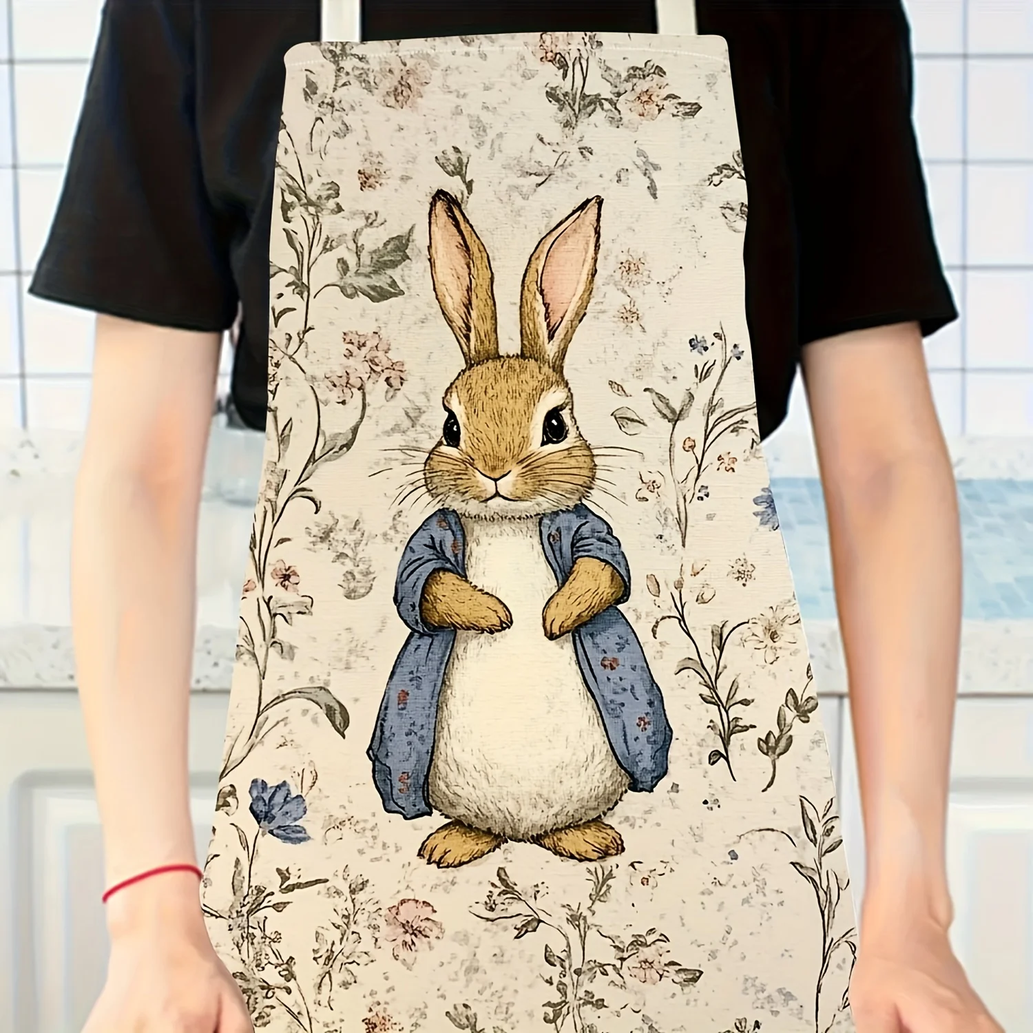 Peter Rabbit Apron Women Kids Kitchen Cooking Baking Chef Linen Cotton Pinafore With Pockets Cartoon Animal Print For Home Party
