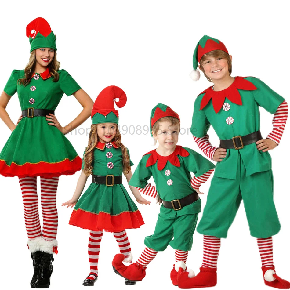 

Children Adult Christmas Clothing Set Tops Pants Hat Belt Children Xmas Clothes Baby Boy Girl Birthday Outfit Elves Costume
