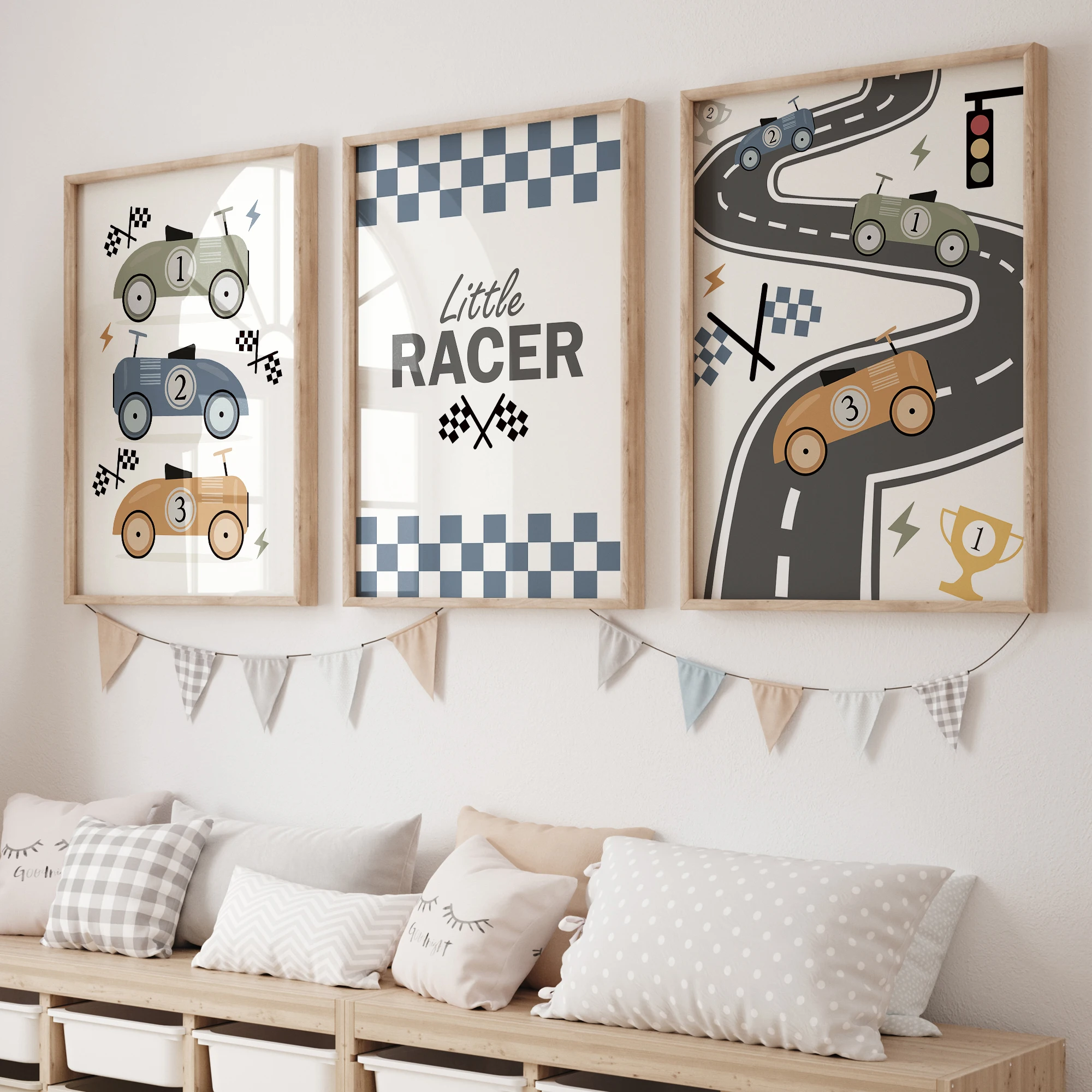 3pcs Minimalist,Cartoon Car Racing Track Theme Wall Art Print Canvas Painting Poster Picture For Bedroom,Kids Room Home Decor