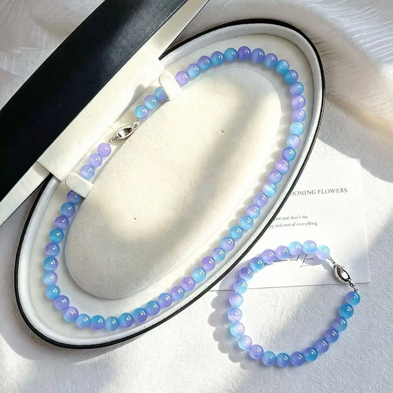 High-Quality Blue Purple Synthetic Cat's Eye Beaded Necklace & Bracelet Set, 2-Piece Stackable Layering Jewelry for Women