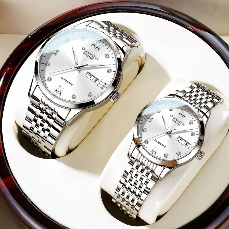 GUANQIN Couple Watches Simple Fashion Fine Steel Original Brand Automatic Mechanical Wristwatch for Lover Man and Woman Watch