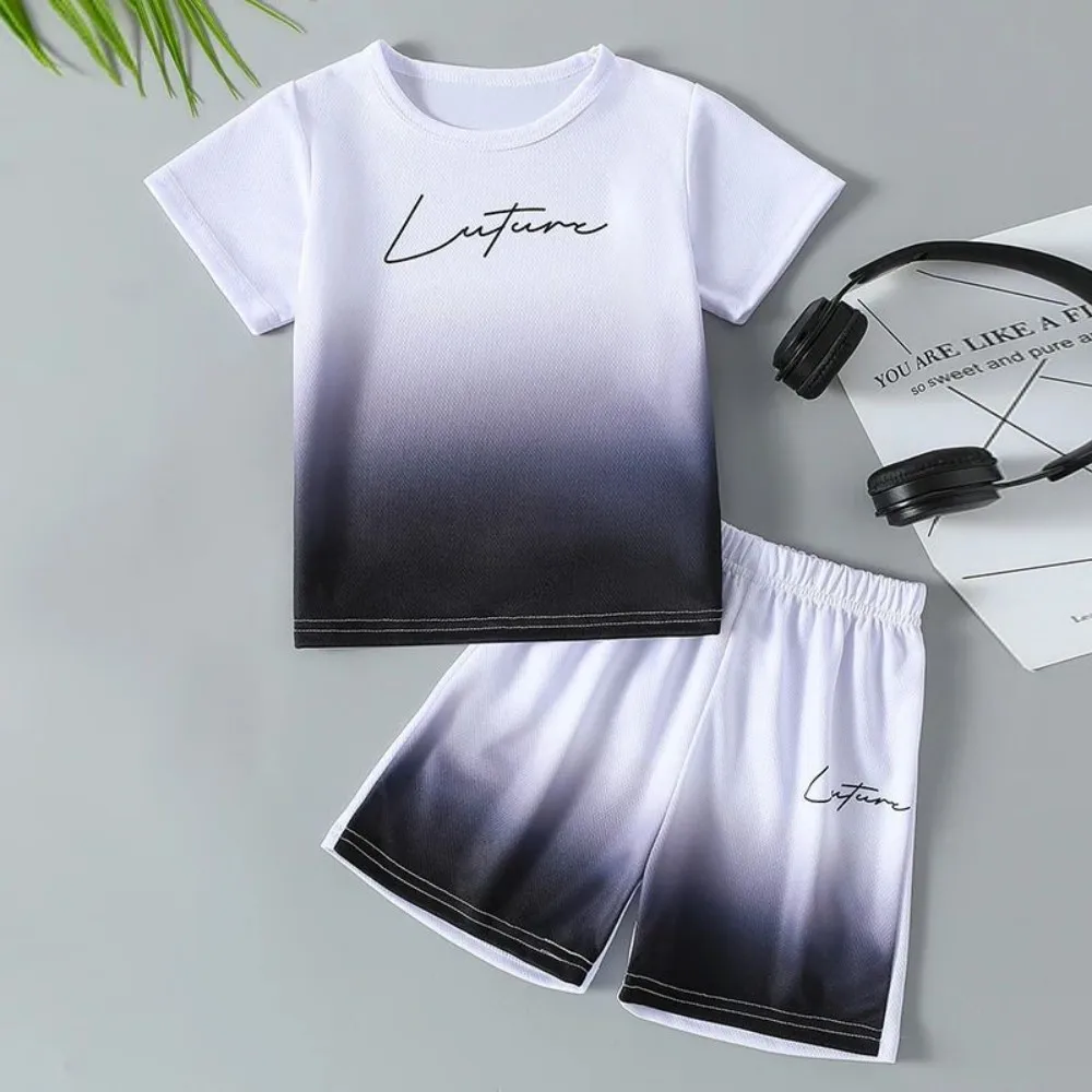 

New men's summer gradient letter print comfortable breathable round neck T-shirt drawstring shorts set outdoor clothing