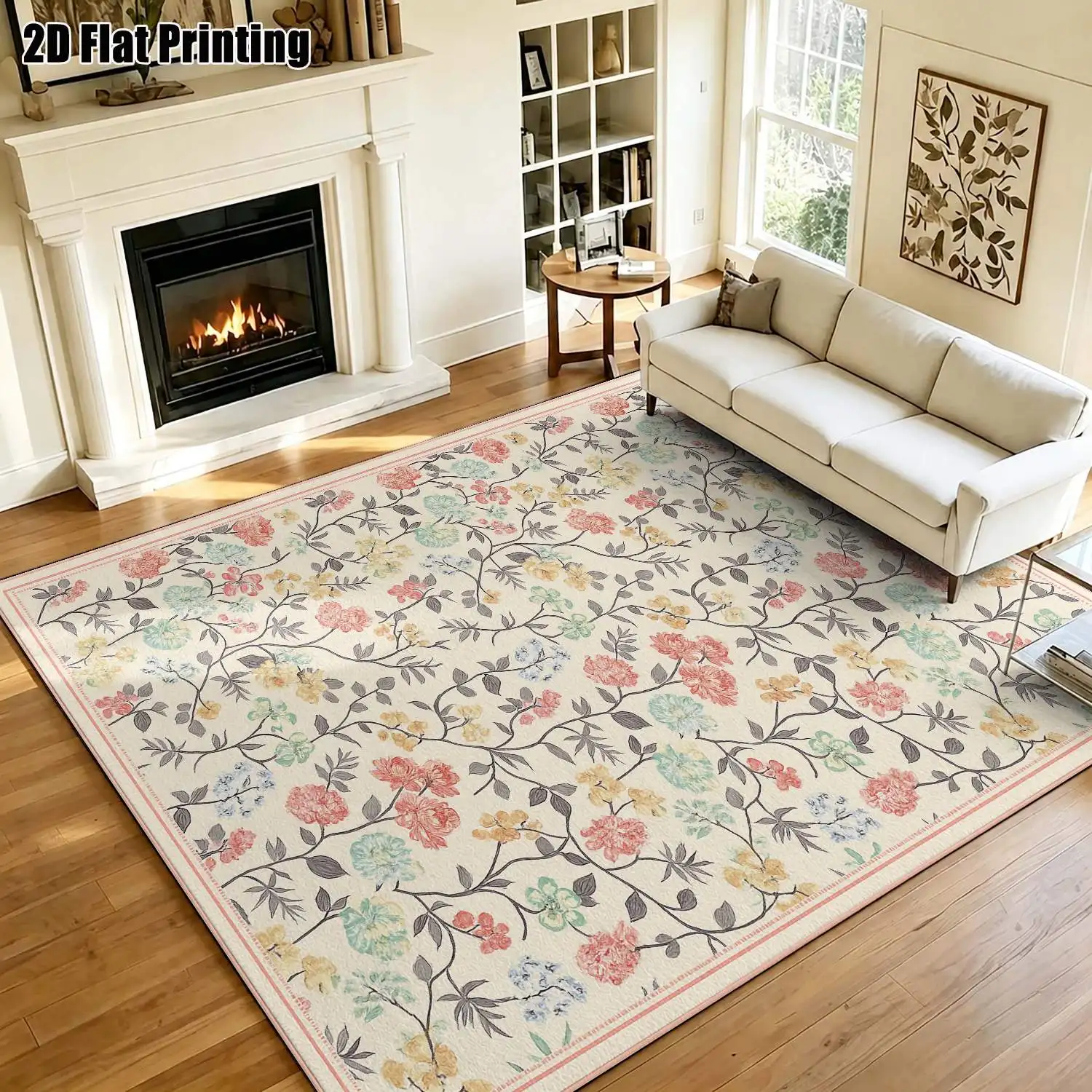 1Pc 2D Printed Carpet: Beige & Powder Blue Floral Pattern, Nordic/Modern Minimalist/European/Vintage Style, Instagram-Worthy Home Decor Floor Mat, Multiple Sizes, Machine Washable, for Entryway, Dining Room, Foyer, Bedroom, Living Room