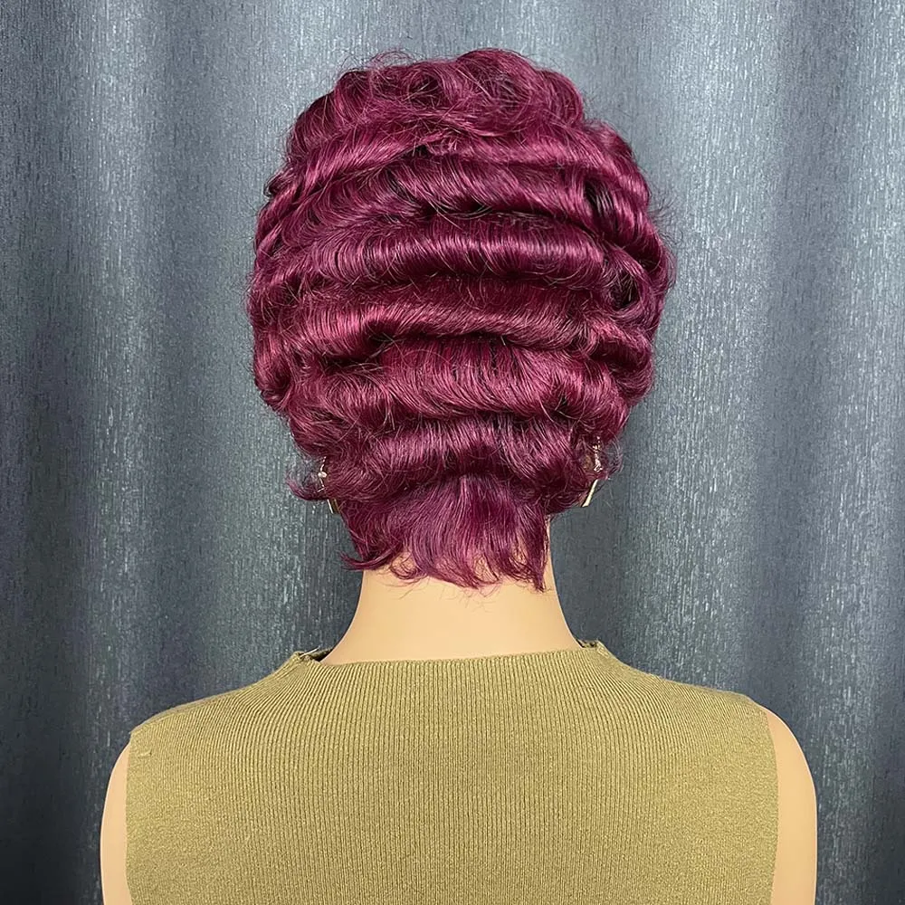 버건디 인모 픽시컷 가발 (흑인 여성용) 와인 레드 레이어드 숏 컬리 머신메이드 가발 (일상용)