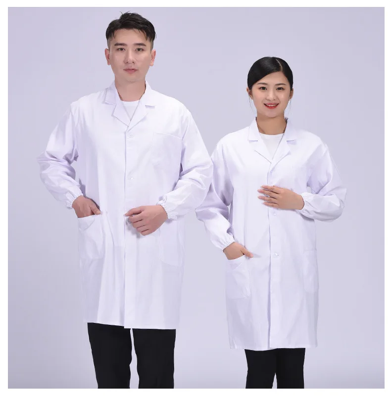 Casaco de laboratório branco de manga comprida masculino e feminino, moletom unissex, bolinhas, lapela, botão baixo, médico, enfermeira, médico, uniformes