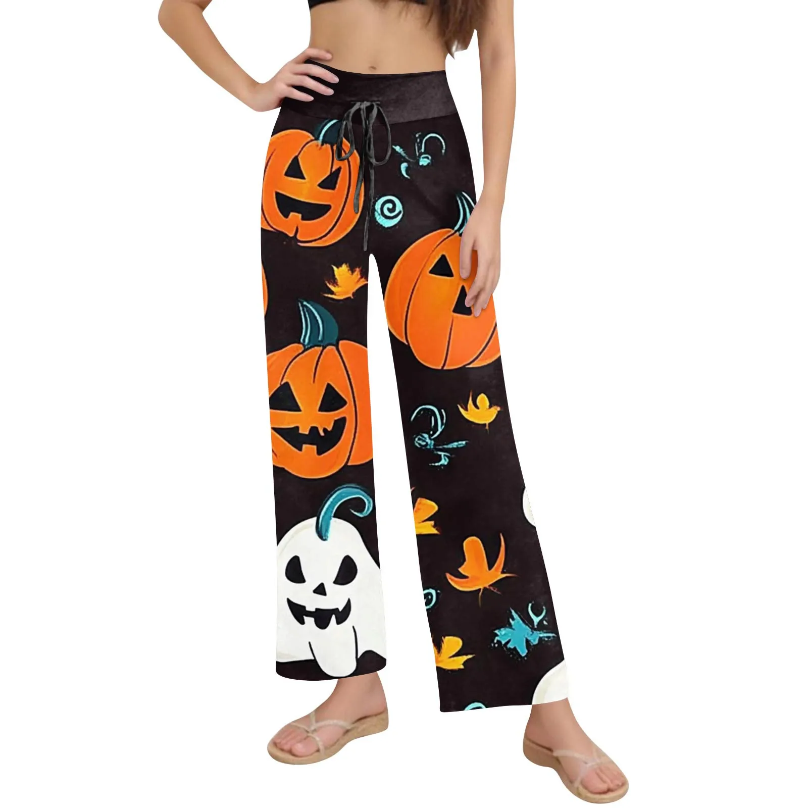 Women'S Comfortable Sleep Pants Halloween Print Drawstring Wide Leg Pants Y2k Cargo Pants Women Pantalones De Mujer Korean Fashi