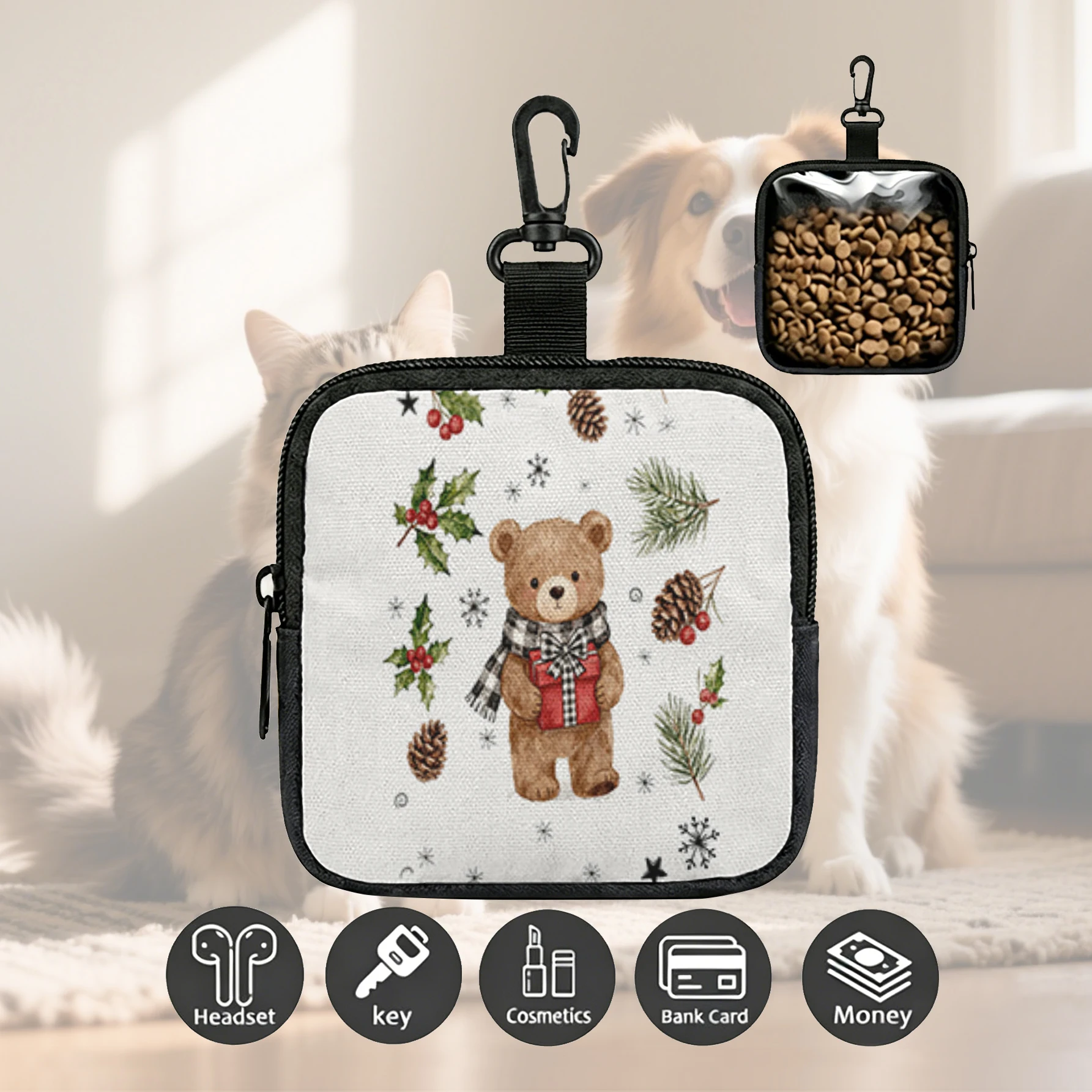 Christmas Bear Gift Pine Cone Print Pet Treat Bag Mini Zipper Pouch With Carabiner, Portable Dog Snack Pouch