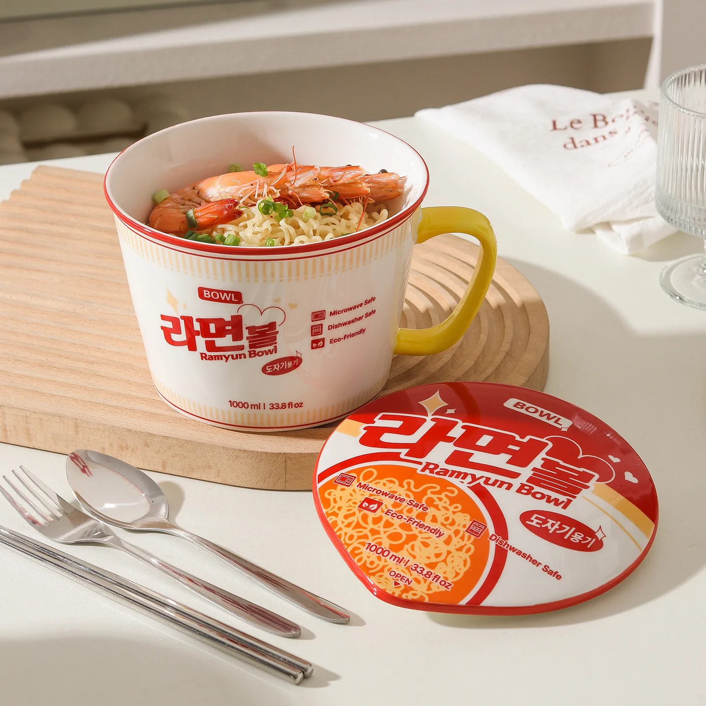 1pc Large Capacity Ceramic Instant Noodle Bowl with Cover，Perfect for Dorms and Home Kitchens - Keep Your Noodles Fresh and Warm