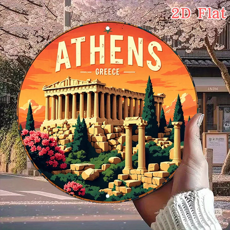 CIFBUY Vintage Greek Athens Aluminum Wall Art Round Metal Plaque Waterproof Durable for Garage Cafe Office Home Decor