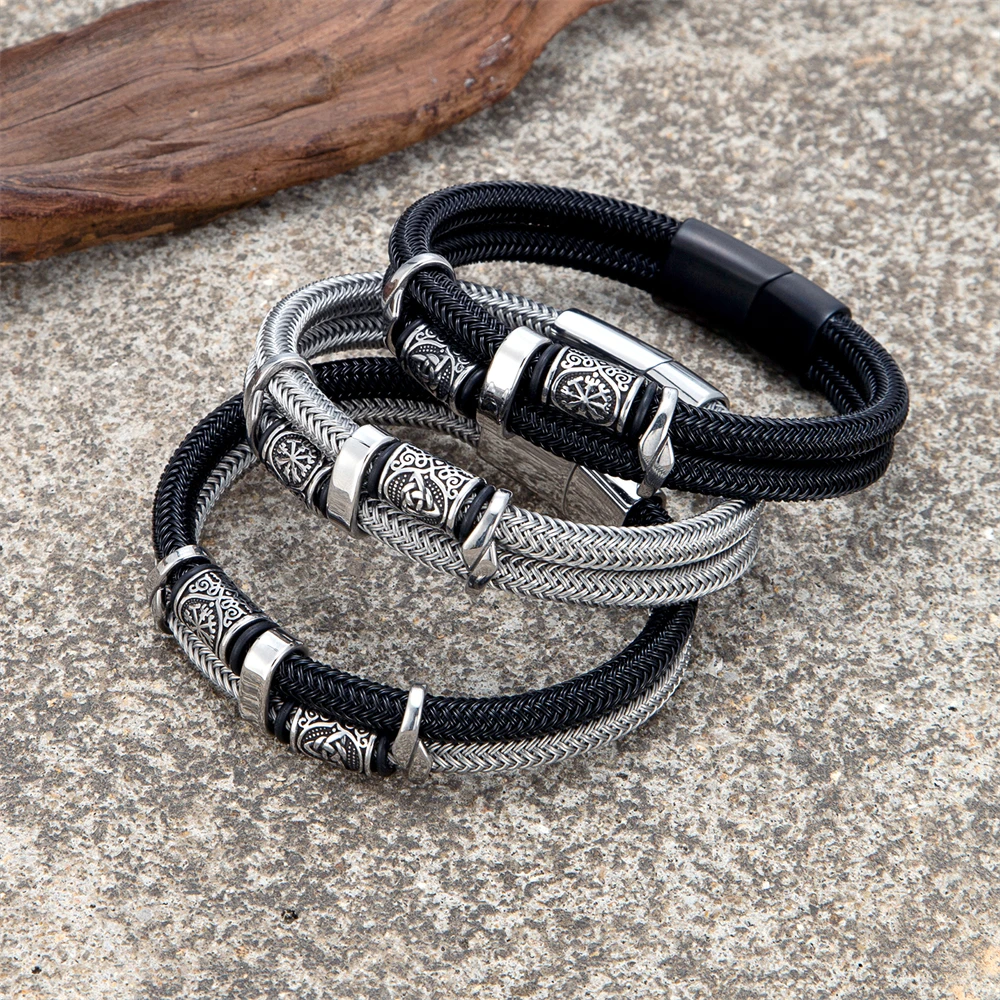 الفايكنج الرونية طبقة مزدوجة سوار للرجال أسلاك الفولاذ المقاوم للصدأ حبل نورس Triquetra الإسورة خمر الهدايا والمجوهرات الاسكندنافية