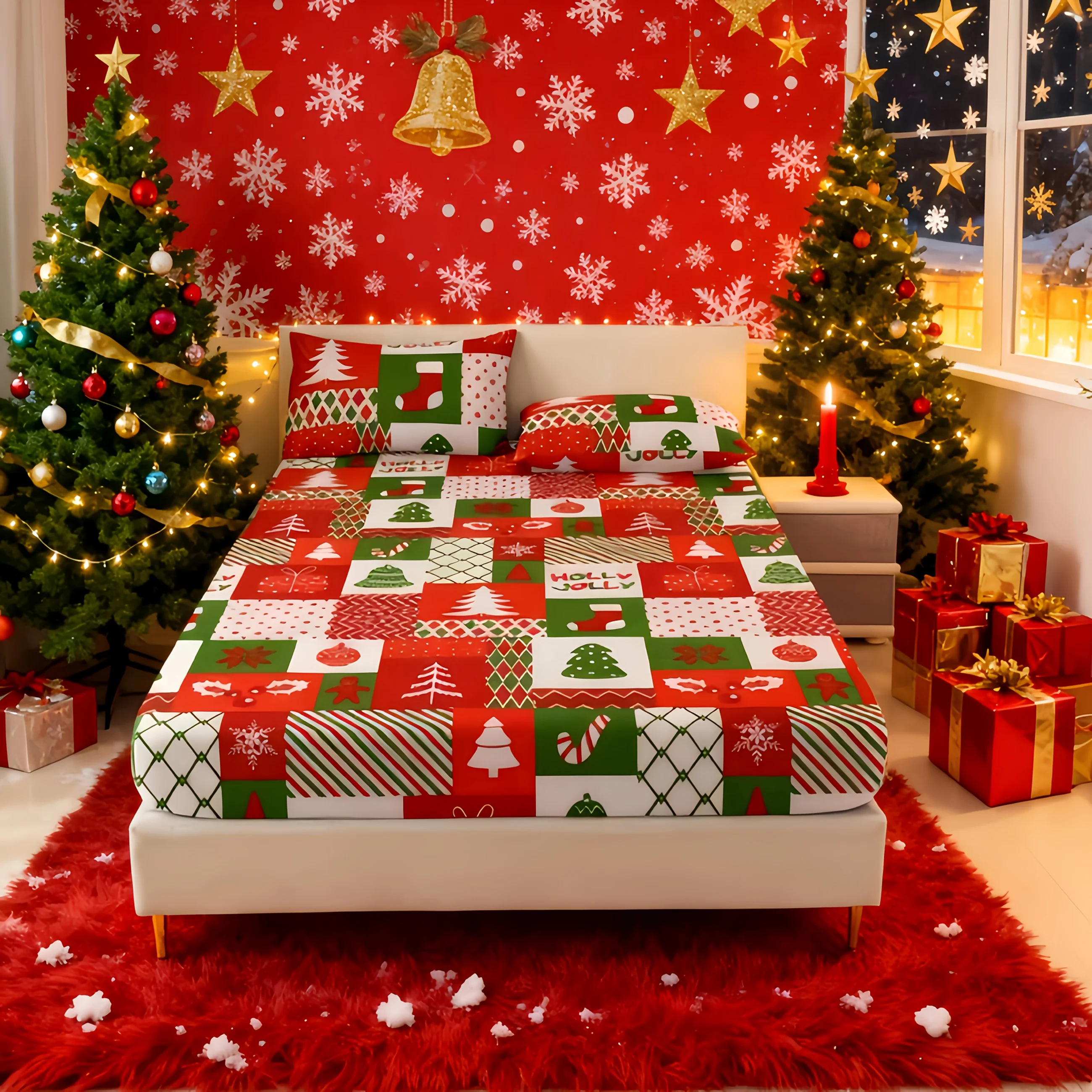 Christmas Gift Bedding Set Queen Mattress Cover Fitted Sheet Set Mattress Protector Breathable Polyester Material (Includes 1 Fitted Sheet + 2 Pillowcases) Mattress Protector Fitted Elastic Style Protective Cover Mattress Protector Fitted Sheet Style Bedding Christmas Themed Bedding Baby Bedding Suitable for Nursery Room