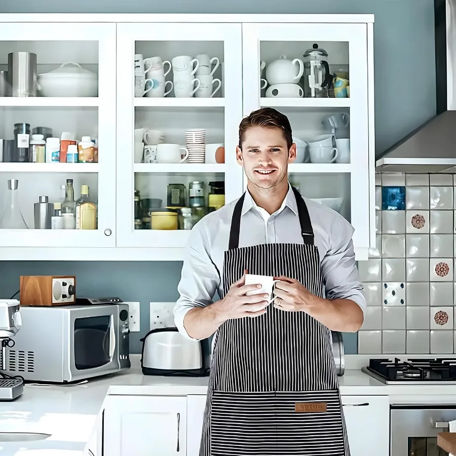 조절 가능한 턱받이 앞치마 2개 세트, 주방 요리용 포켓 2개, 남녀 공용, 튼튼하고 편안한 디자인