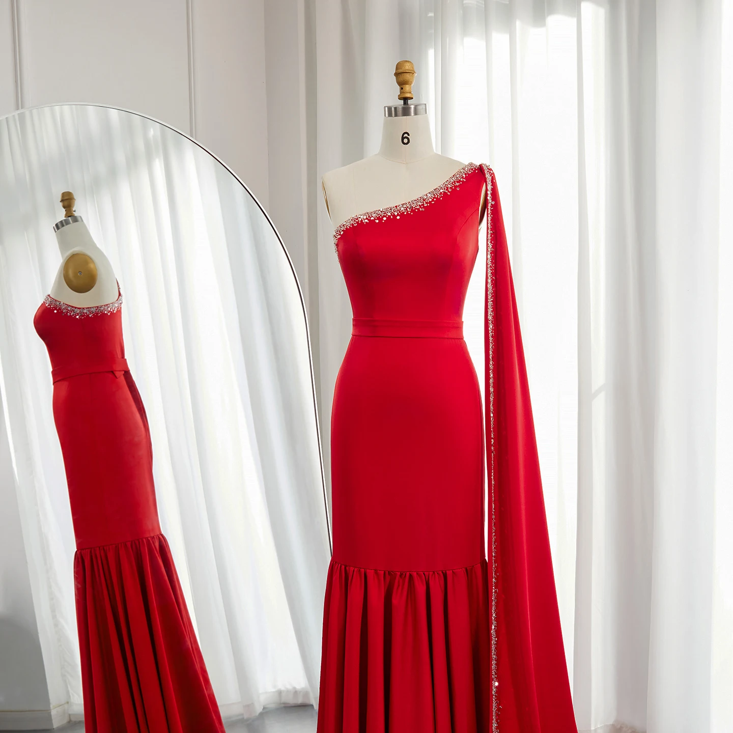 Sharon Said Burgunderrotes One-Shoulder-Abendkleid mit Cape-Ärmeln für Damen, Hochzeit, luxuriös, Dubai, formelle Partykleider SS384, individuell gestaltet