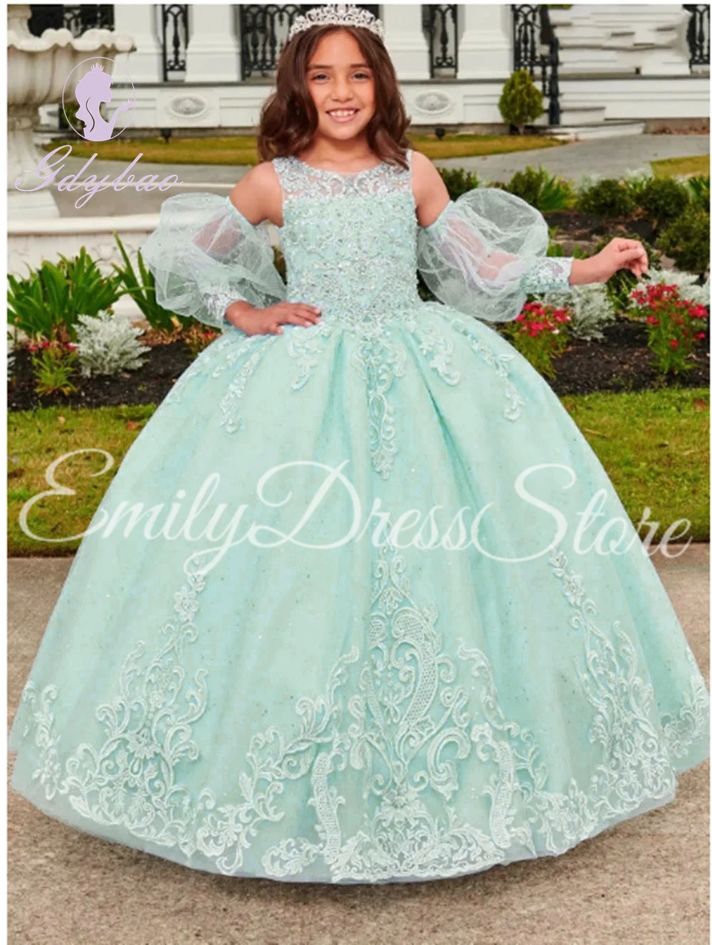 2024 Blue Flower Girl Dress For Wedding Pink Lace O-neck Tulle Puffy Applique Dress First Communion Birthday Ball Gowns