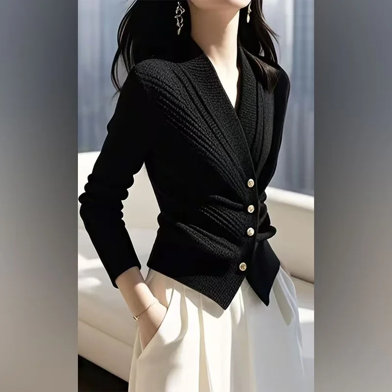 

Ele ort Knitted Open Cardigan V-Ne Button up Women's Spring Autumn High Waist Slim Fit Faionable All Seasons