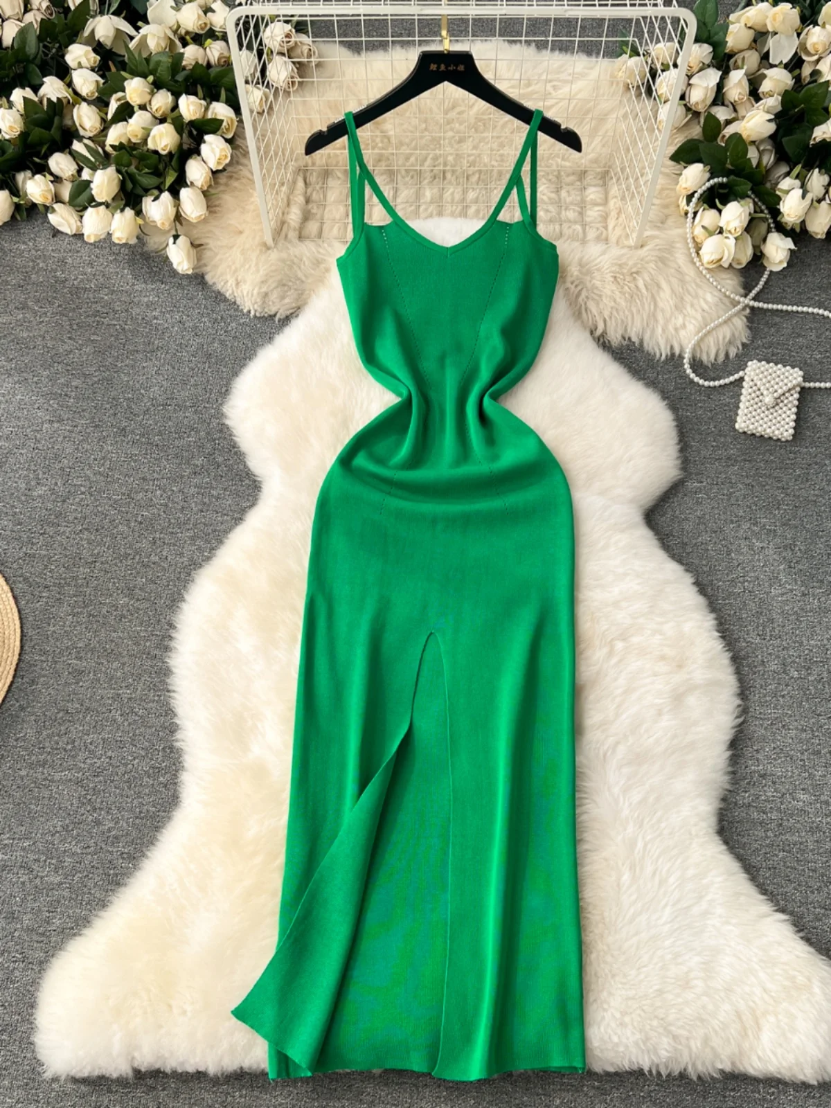 Foamlina Sexy Spaghetti Band Breien Jurk Vrouwen Elegante Effen V-hals Mouwloos Backless Front Split Bodycon Party Lange Jurk