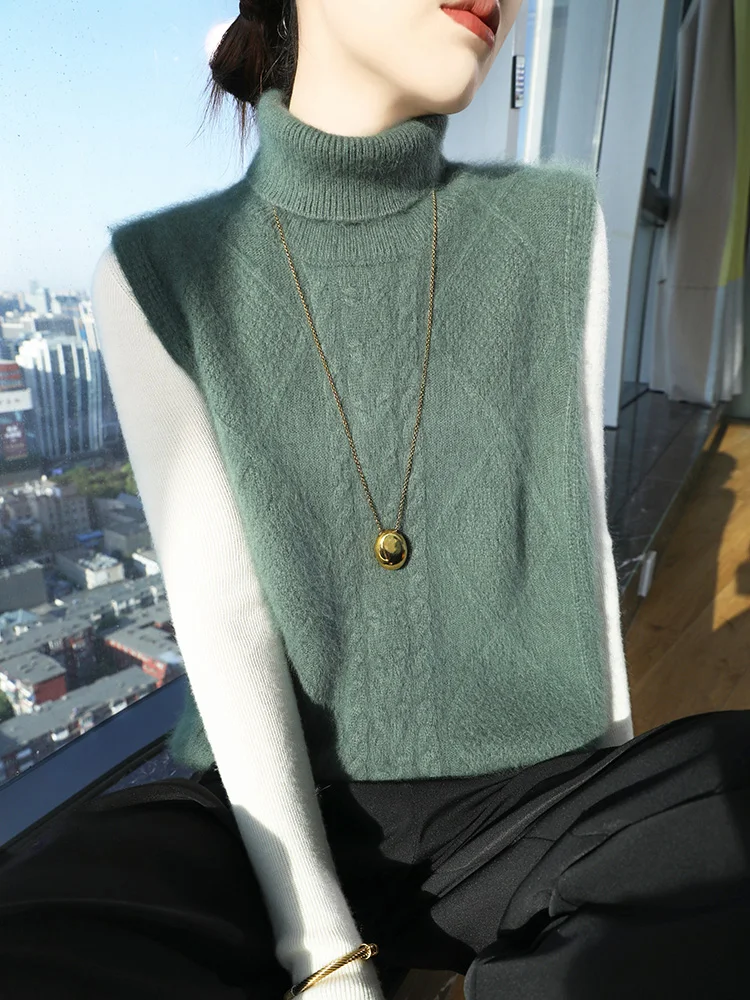 

Fashion Turtleneck 100% Mink Cashmere Sleeveless Vest Sweater Pullover Women Knitwear Basic Elegant Warm Clothing Tops
