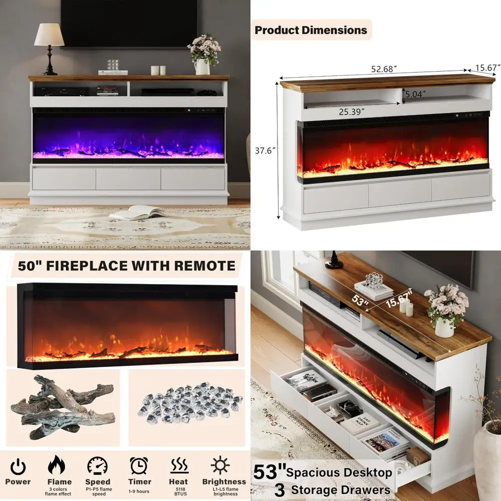 

Каминная подставка для телевизора Ever Winner 50 с электрическим камином, развлекательным центром с 3-сторонней стеклянной вставкой и 3 ящиками