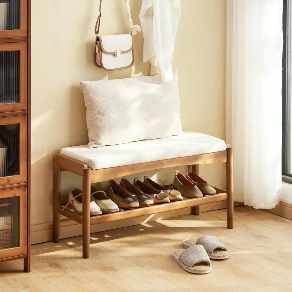 

Shoe Bench Entryway Bamboo 2-Tier Shoe Rack With Cushion Padded Seat Shoe Bench Organizer Stable For Entry, Hallway, Living Room