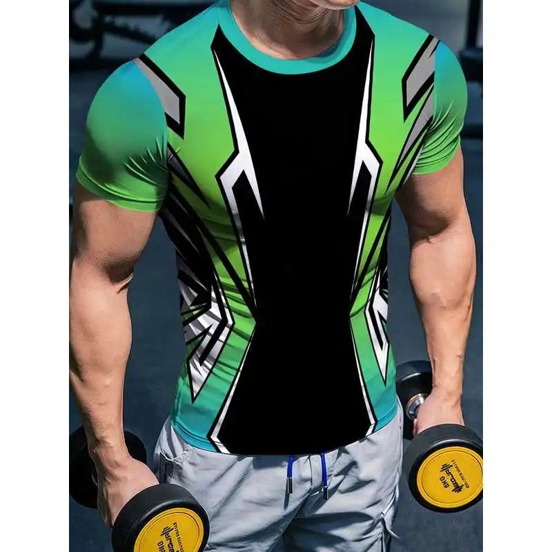 Men's Gradient Green Arrow Geometric Print Quick Dry Stretchy Short Sleeve Fitted Fitness Sports T Shirt Cool Feel Fabric Refres