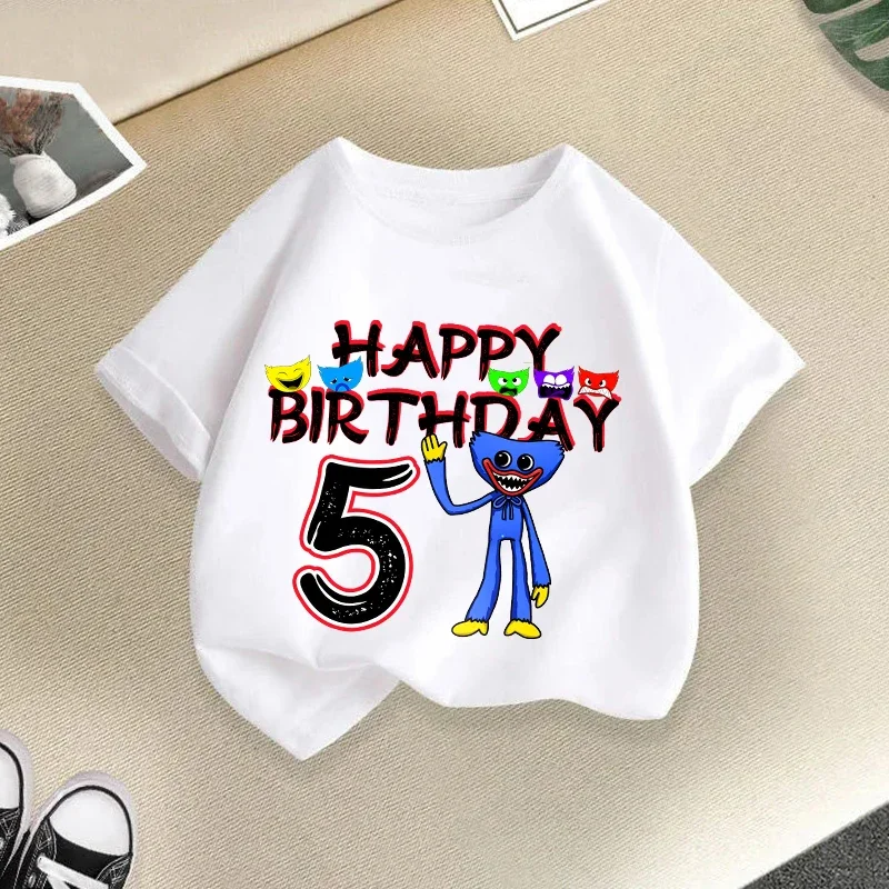 H-wuggys Kids Number T Shirt Poppys Playing Time Birthday Tees Shirt Cartoon Anime Game Boy Girl Clothes Summer Baby Cotton Tops