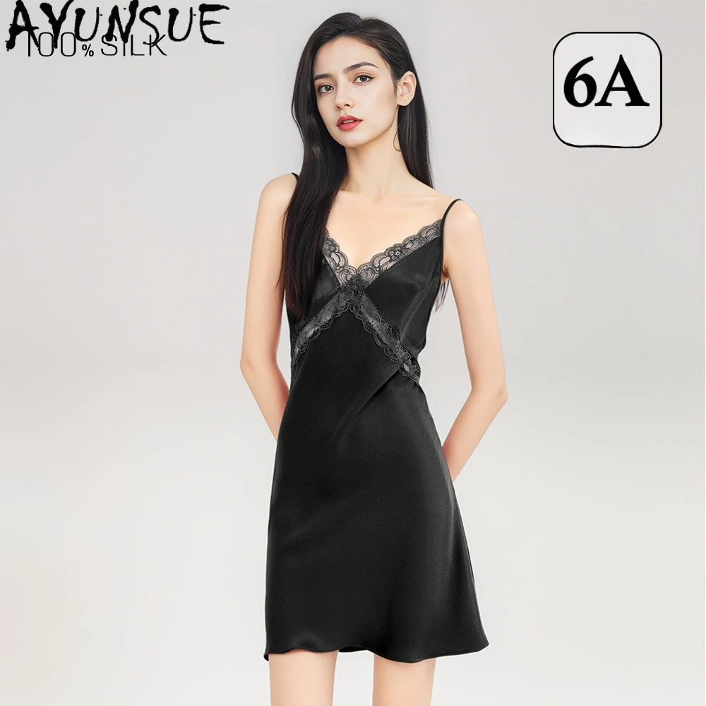 AYUNSUE 100% Real Mulberry Silk Sexy Sleepwear  Night Dress for Women 2026 Summer Clothes 16MM Silk Pajama Streetwear 