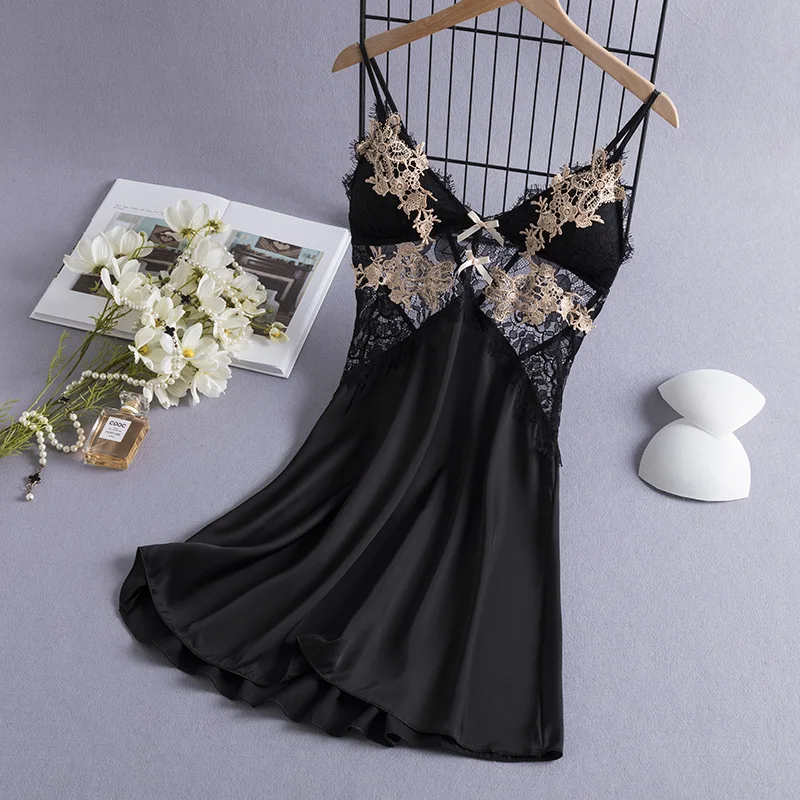 Sexy Lace Backless Nightdress Summer Women Sleepwear Chemise Nightgown Loungewear Satin Nightwear Dressing Gown Homewear