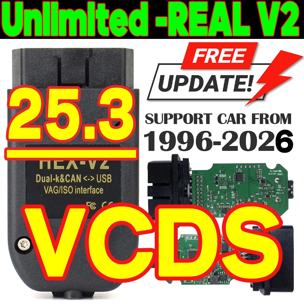 Beliebtes REAL V2 HEX V2 Interface VAG COM Update 25.3 für VW, Audi, Skoda, Seat, mehrsprachiges Auto-Diagnosegerät VCDS Tool