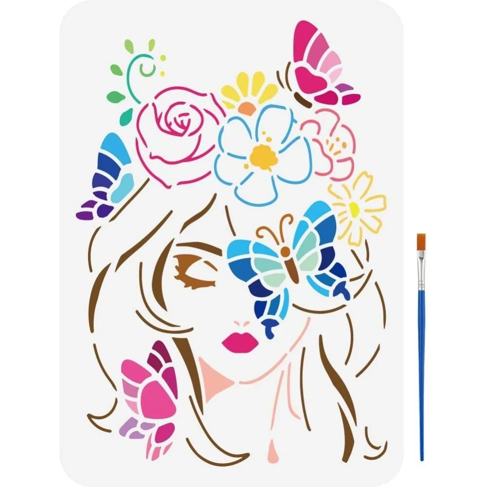 

Трафарет для рисования девушки-бабочки 8,3x11,7 дюйма, трафарет для женщины-цветочки с 1 шт., кисть для рисования, роза, бабочка, женский трафарет, дизайн