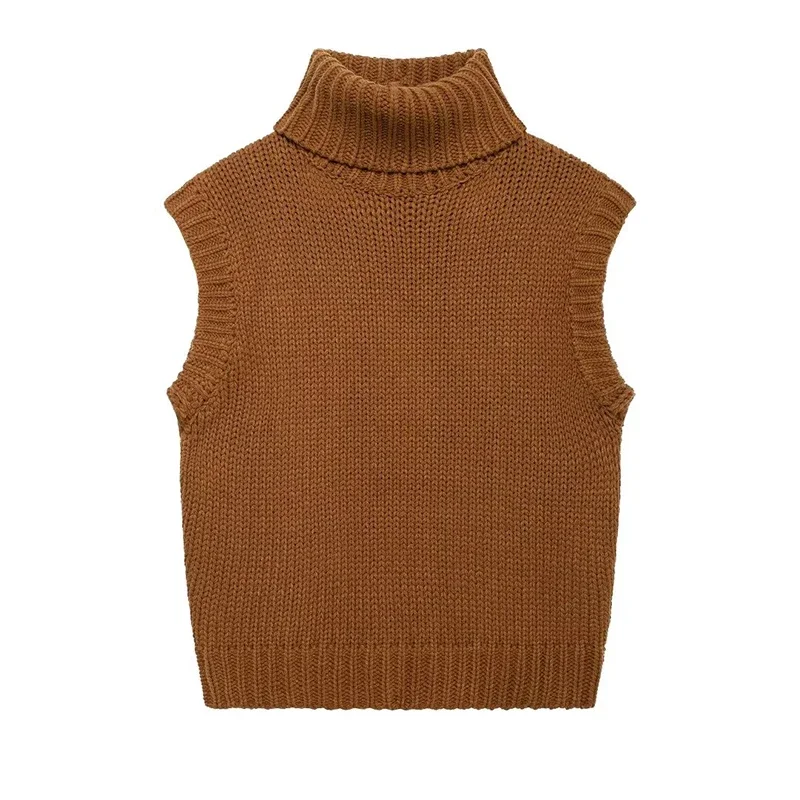 

Women Fashion Brown Knitted Pullover Vest Vintage High Neck Sleeveless Female Chic Lady Tank Tops