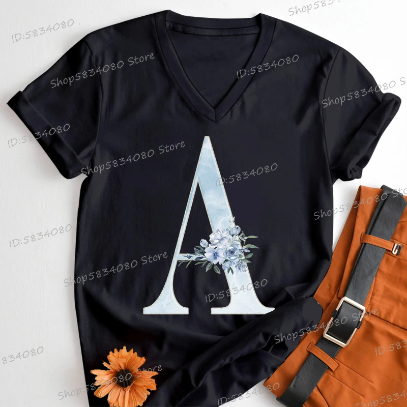 Womens V-neck Short Sleeve T-shirt A-Z 26 Alphabet Floral Birthday Party T-shirts 26 Initials Flower Fashion Casual Tops Tees