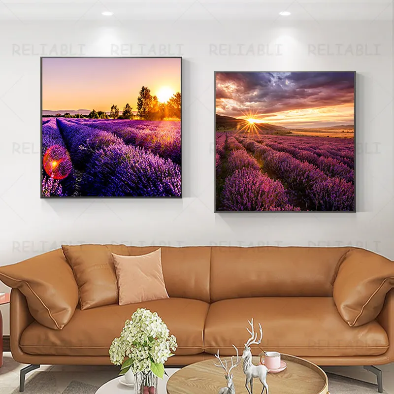 Modern Lavender Field Canvas Painting Purple Flowers Wall Pictures Sunset Landscape Posters and Prints for Living Room Decor