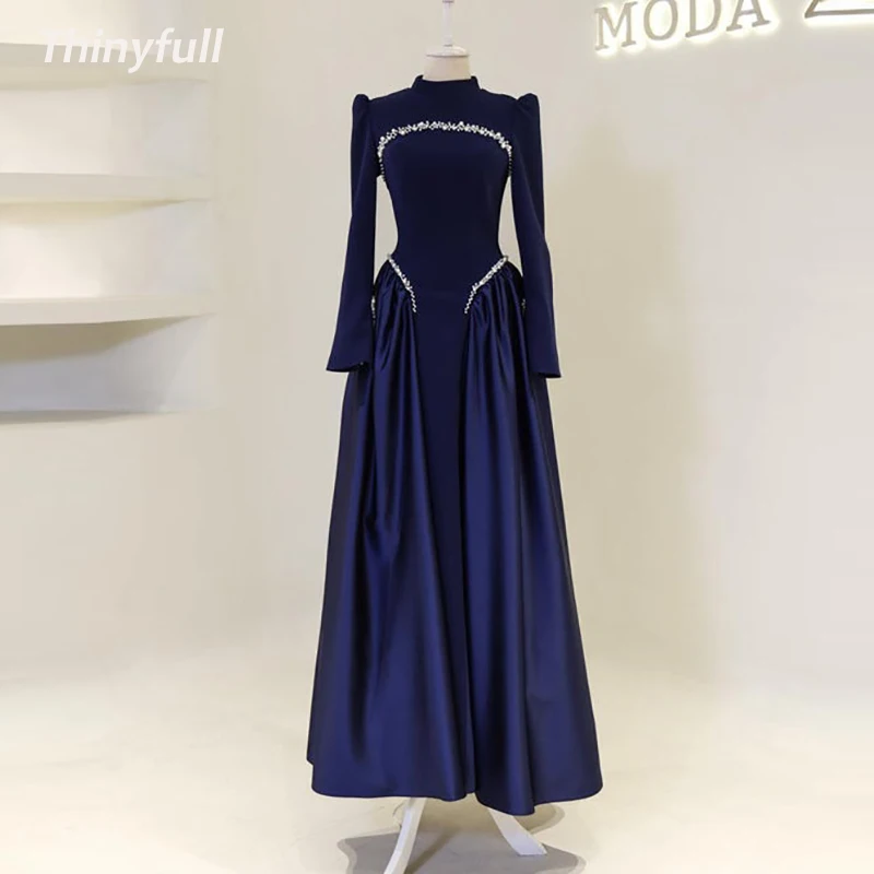 

Thinyfull A-line Satin Arab Prom Dresses High Neck Full Sleeves Evening Gown Formal Occasion Dress robes de soirée Customized