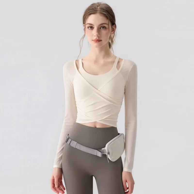 

Женская укороченная спортивная футболка с длинным рукавом и вставками для груди, модель 2026 года, для йоги, бега и фитнеса