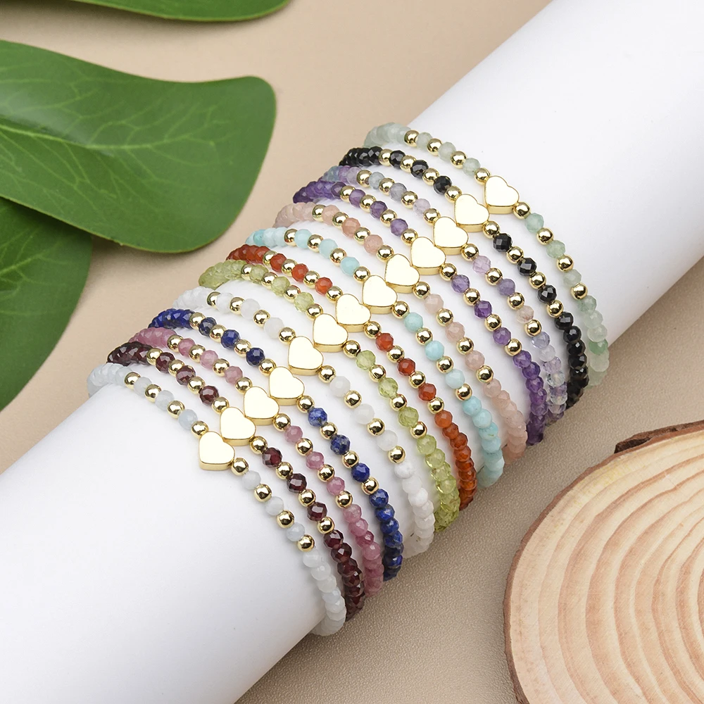 3MM Natural Stone Sunstone Lapis Garnet Moonstone Amethyst Hematite Heat Brass Beads Stretchable Bracelets For Lady Gift