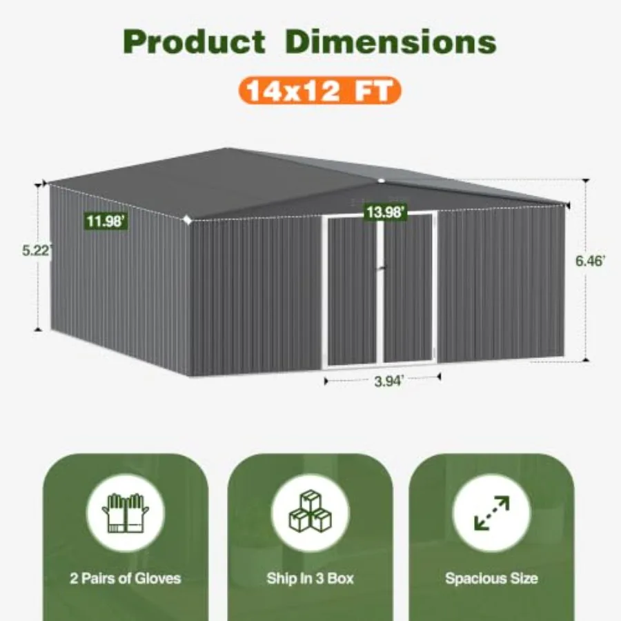 14 x 12 FT Outdoor Storage Shed, Heavy-Duty Galvanized Steel Tool Shed with Reinforced Frame, Lockable Double Door and Side Ven