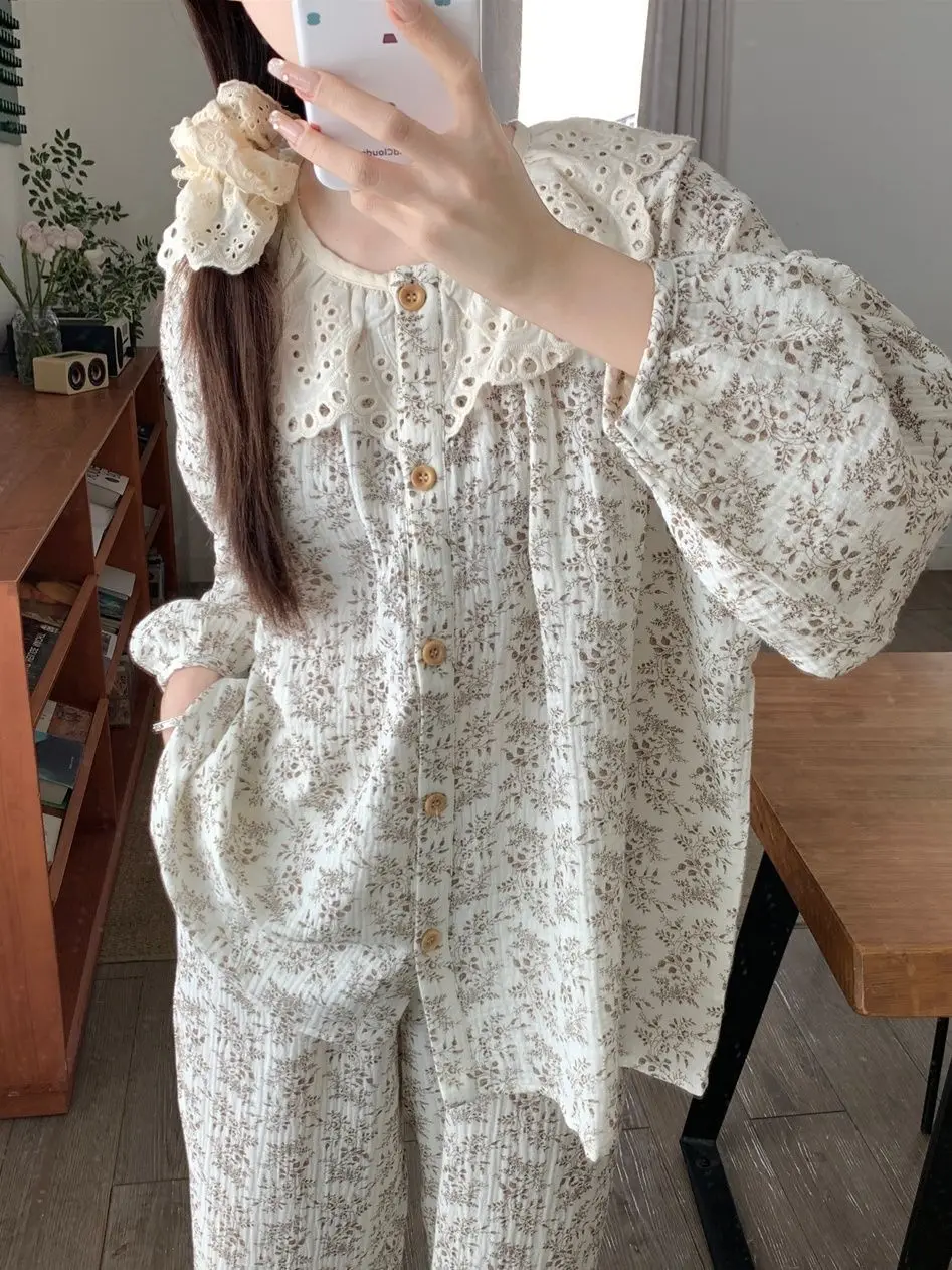 الجولة الرقبة الأزهار بيجامة مجموعات المرأة ربيع الخريف جديد طويل الأكمام بنطلون ملابس المنزل 2 قطعة مجموعة سيدة Kawaii الملابس Pj دعوى