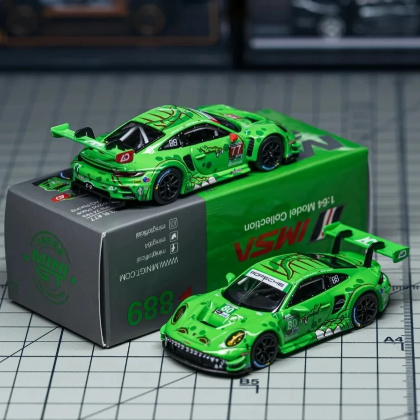 MINIGT 1:64 #889 #1052 Porsche 911 GT3 R Green Pink Dinosaur RACING 2024 IMSA ROAD AMERICA Car Alloy Model Miniature Diecast Toy