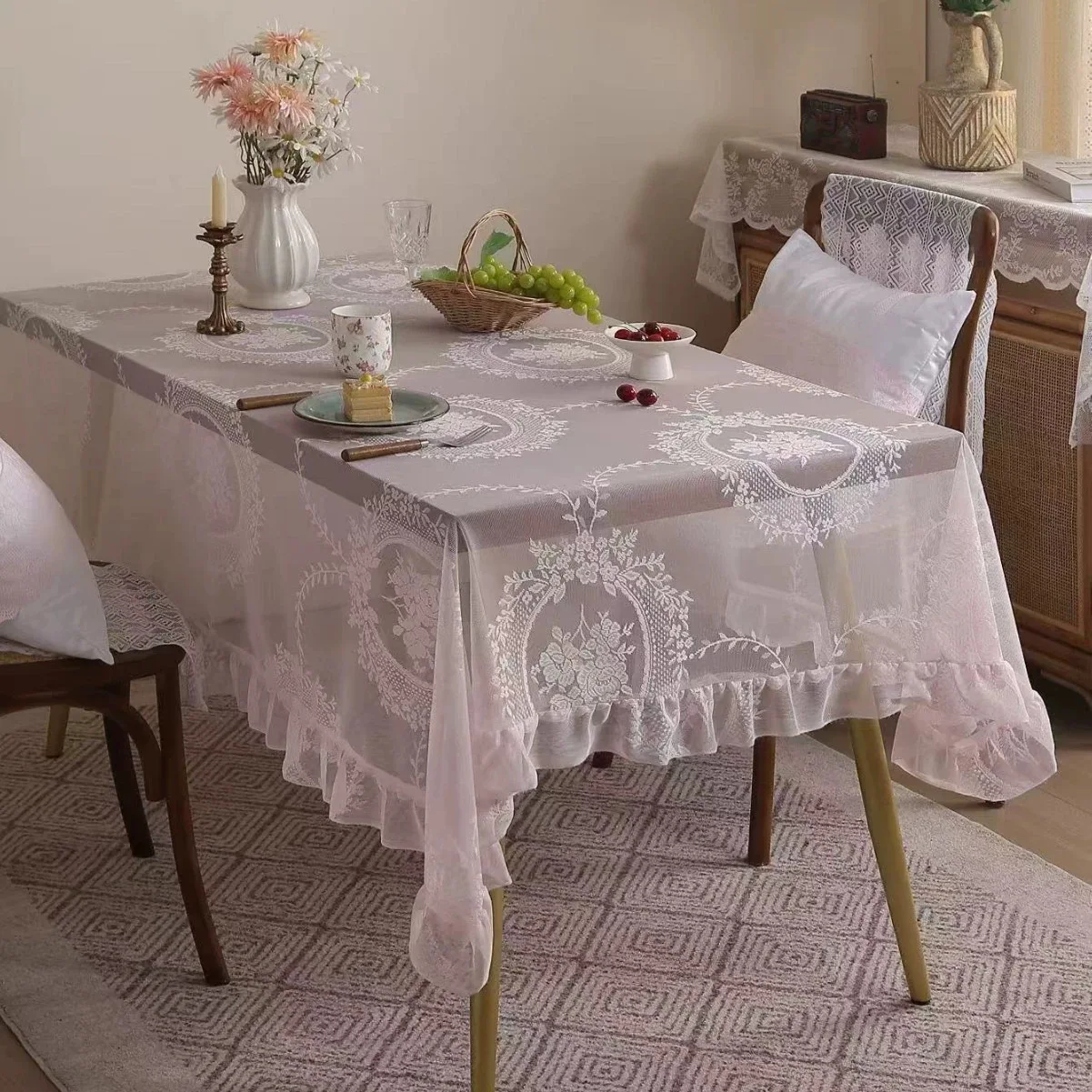 Pink White Lace Tablecloth Round Mirror Flower Lace Rectangle Tablecloth Living Room Dining Table Decoration Table Cover