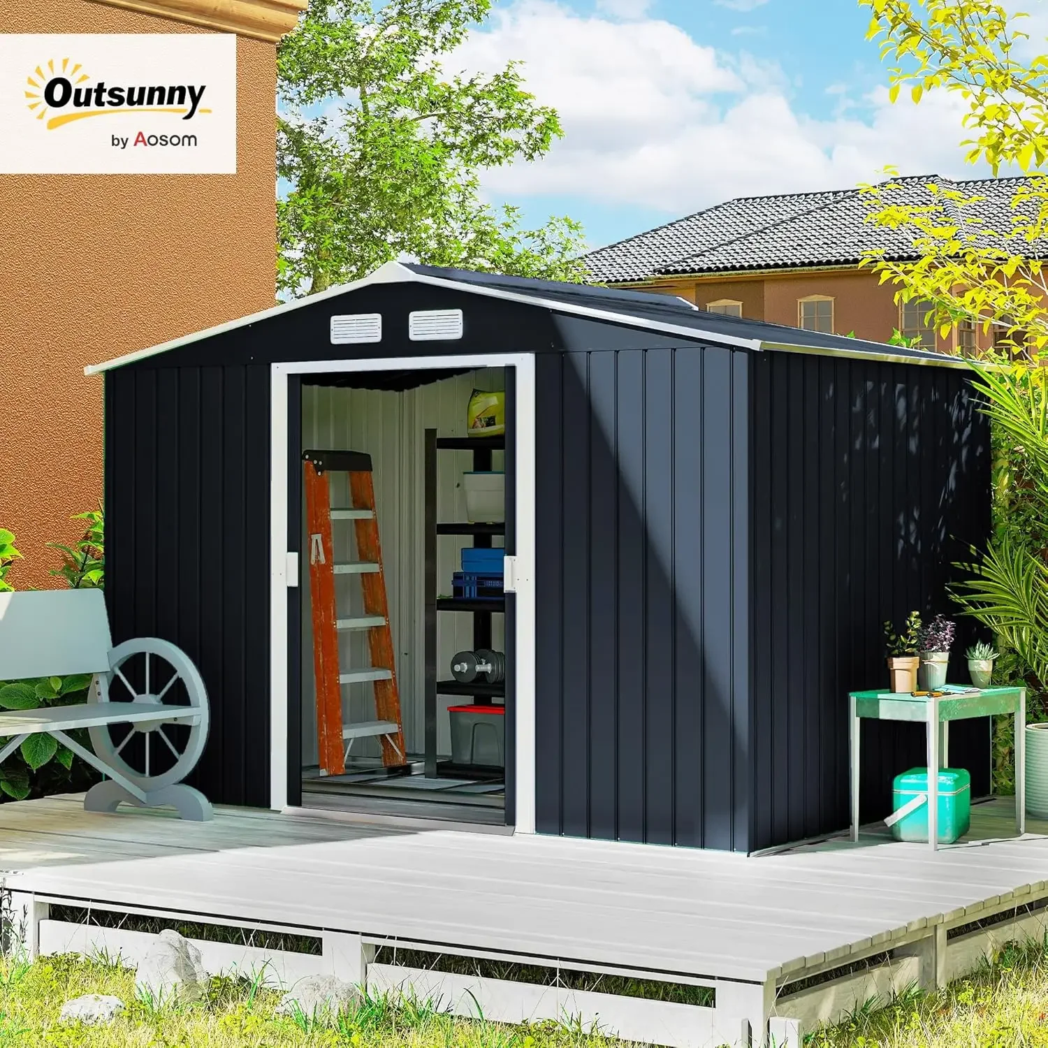 9' x 6' Outdoor Storage Shed, Garden Tool Metal Shed with Foundation Kit, Double Lockable Door, Air Vents and Sloping Roof