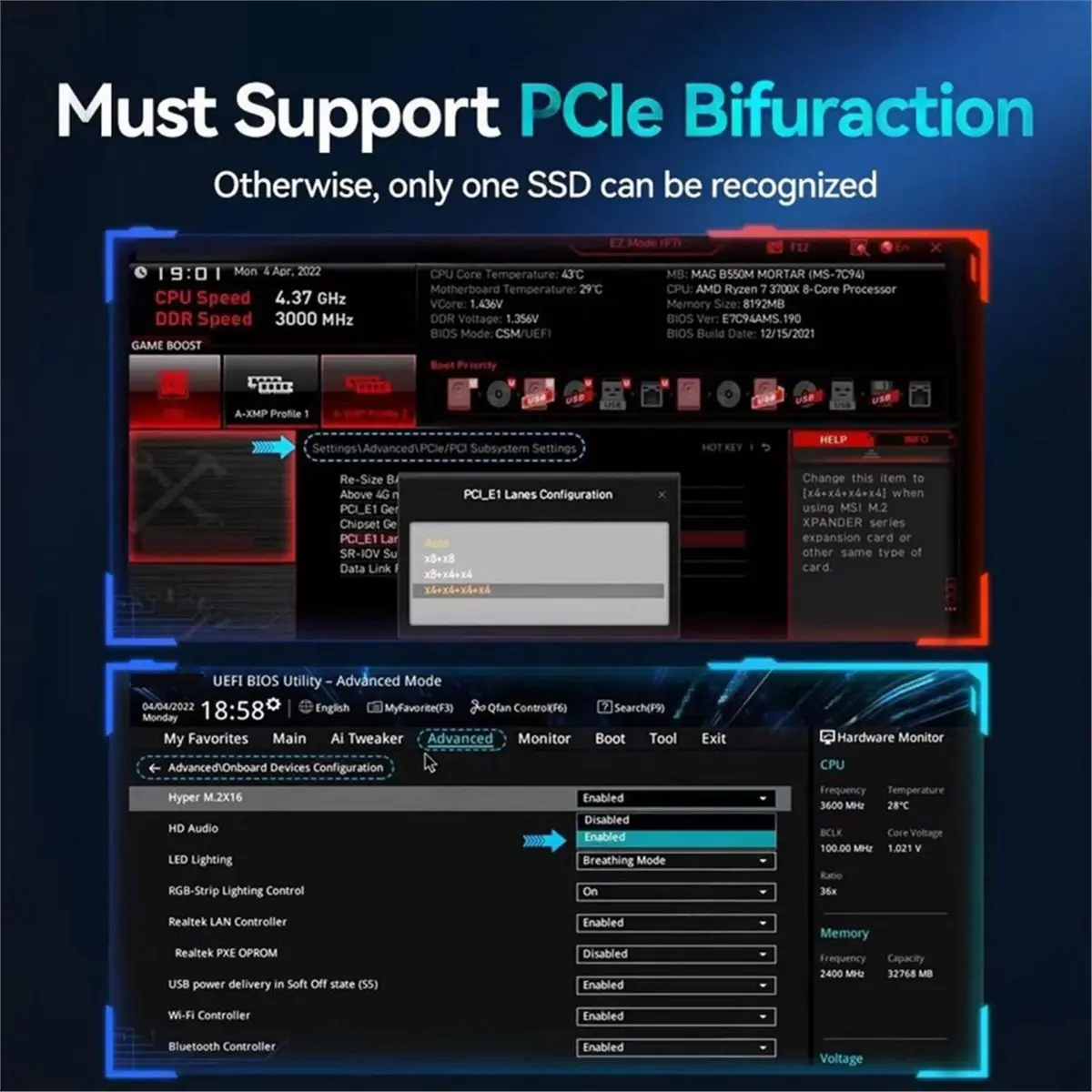 PCIe 5.0 X16 Quad M.2 Expansion Card Support 512Gbps Dual-Sided Slot Adapter Card Compatible PCIe 4.0/3.0